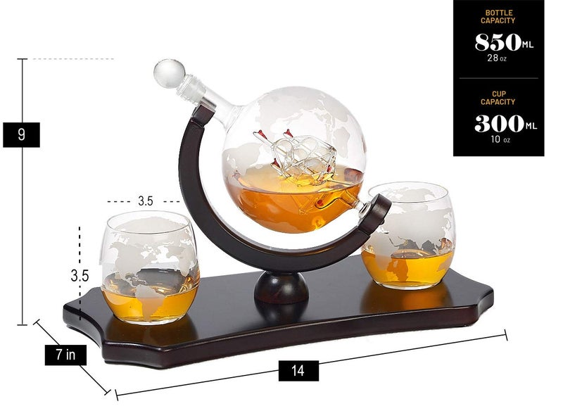 Bezrat Globe Whiskey Decanter Set - + 2 Whisky Glasses on Rich Wood Classic Mahogany Base Tray - Gift Packaging - Antique Ship Whiskey Dispenser for Liquor Scotch Bourbon - Christmas Holiday Gift - Image 4